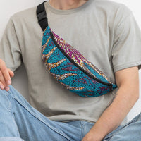 Front view of man carrying Tribal Marks Ankara Passion Print Fanny Pack Waist Belt Bag