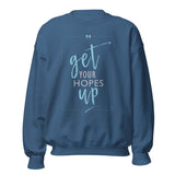Unisex indigo blue Get Your Hopes Up crewneck sweatshirt on white background