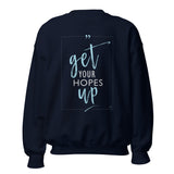 Unisex navy blue Get Your Hopes Up crewneck sweatshirt on white background