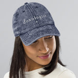 Woman wearing Tribal Marks Doxologist vintage twill cap in navy - top view