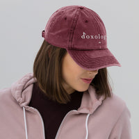 Woman wearing Tribal Marks Doxology vintage twill cap in maroon