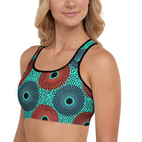 Model showing three quarter profile of Tribal Marks Retro padded sports bra